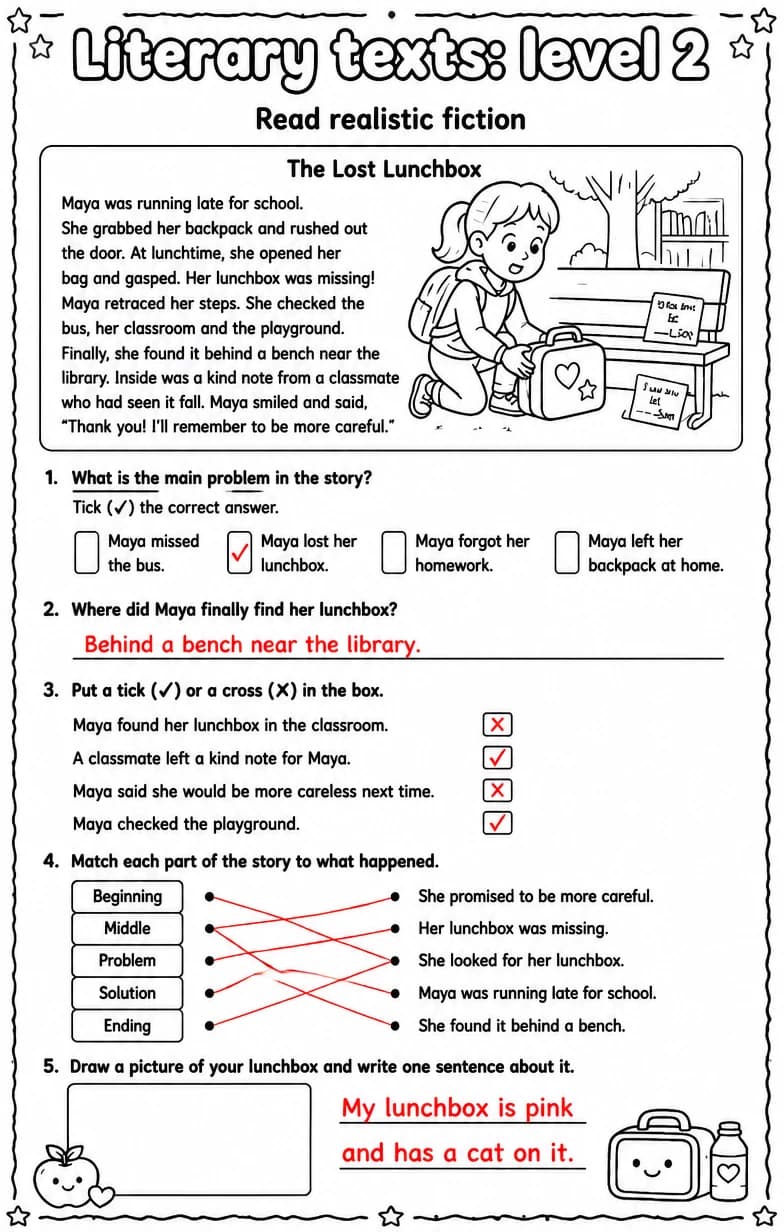 Answer key for Read realistic fiction — free printable English & Reading worksheet