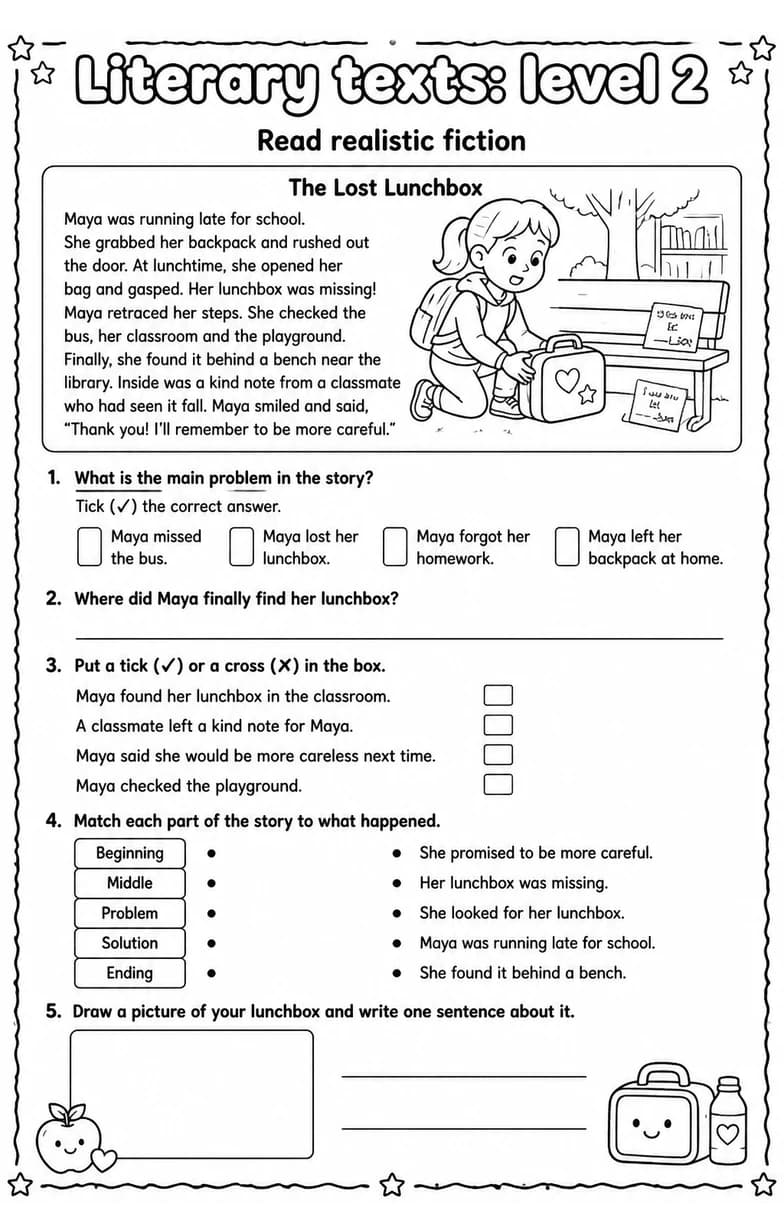 Read realistic fiction — free printable Grade 5 English & Reading worksheet