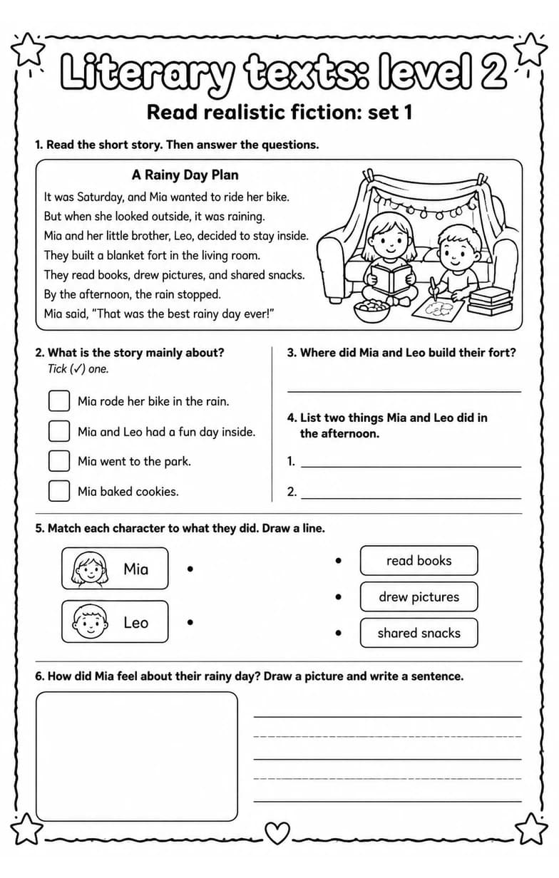 Read realistic fiction: set 1 — free printable Grade 3 English & Reading worksheet