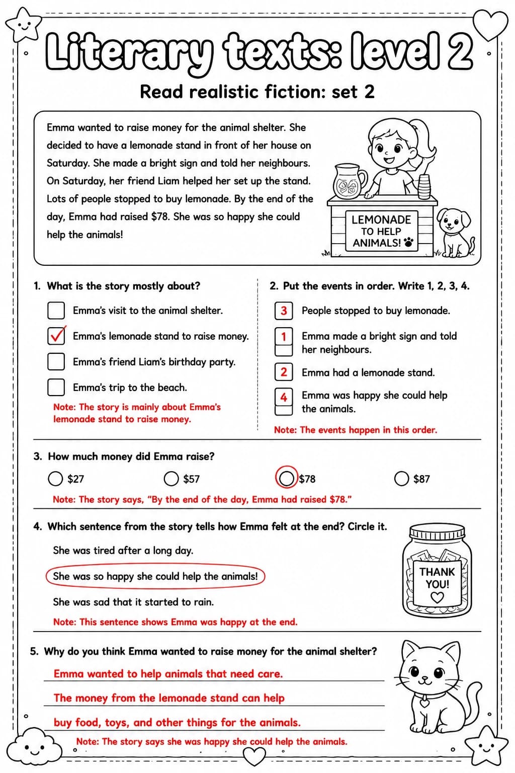 Answer key for Read realistic fiction: set 2 — free printable English & Reading worksheet