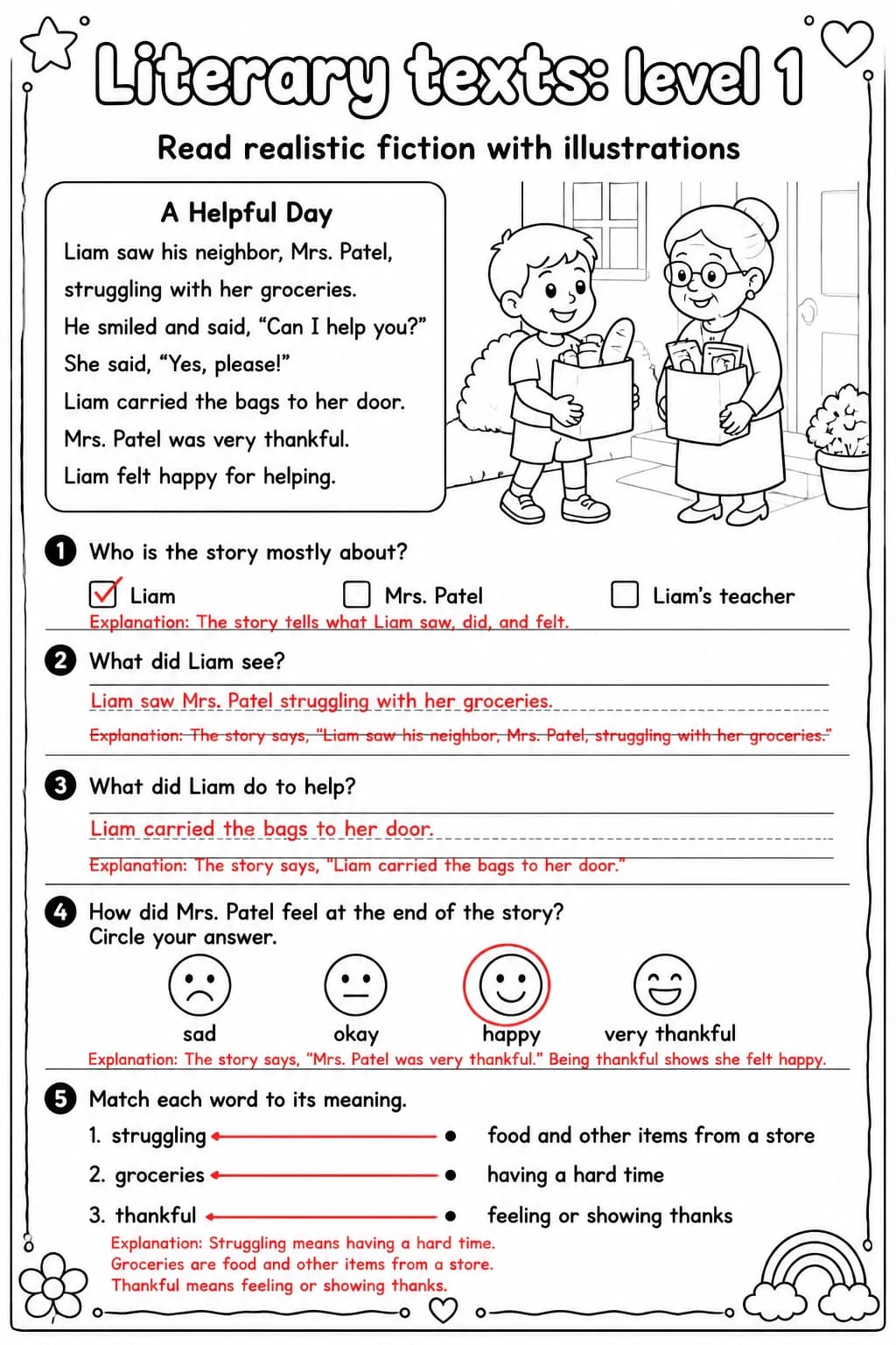 Answer key for Read realistic fiction with illustrations — free printable English & Reading worksheet