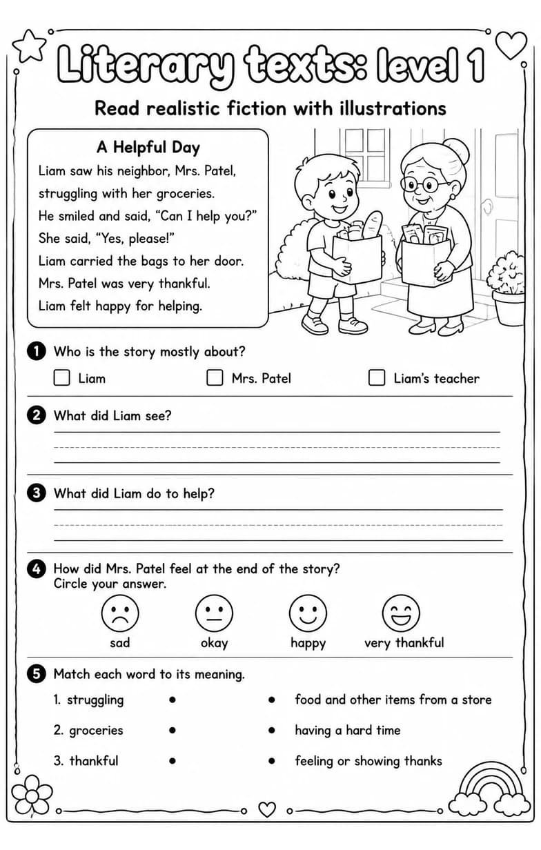 Read realistic fiction with illustrations — free printable Reading strategies English worksheet