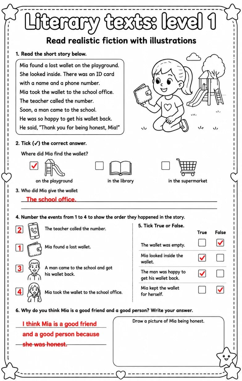 Answer key for Read realistic fiction with illustrations — free printable English & Reading worksheet