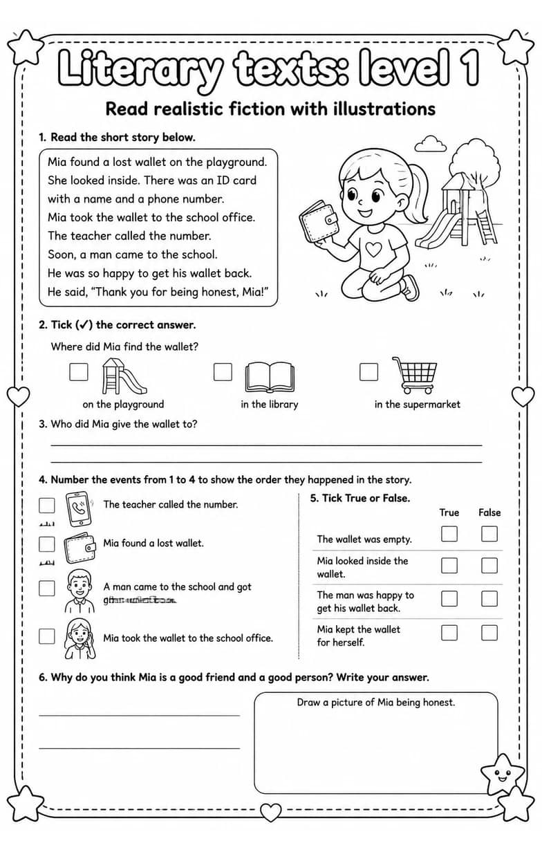 Read realistic fiction with illustrations — free printable Reading strategies English worksheet