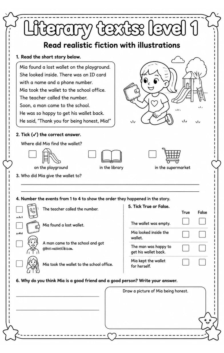Read realistic fiction with illustrations — free printable Grade 4 English & Reading worksheet