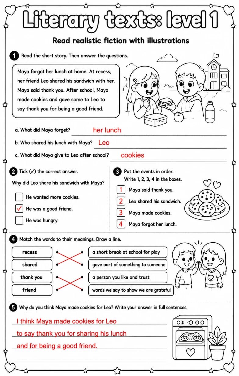 Answer key for Read realistic fiction with illustrations — free printable English & Reading worksheet