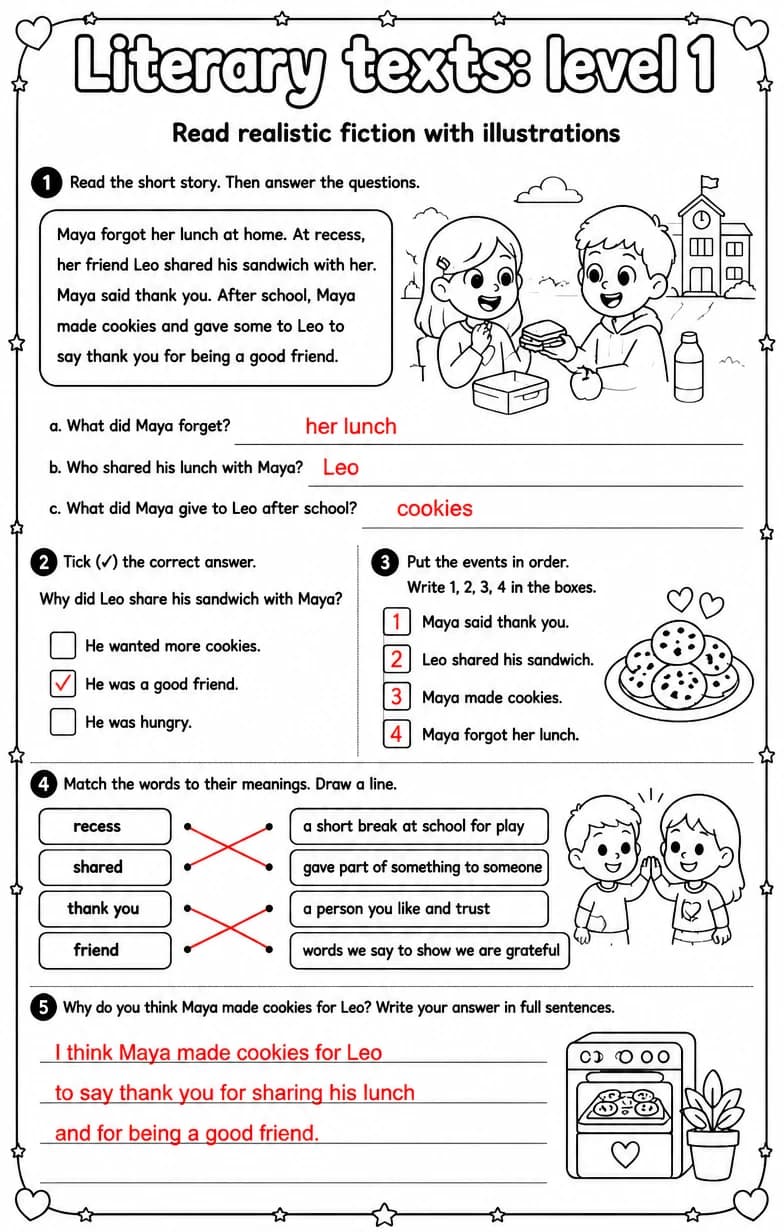 Answer key for Read realistic fiction with illustrations — free printable English & Reading worksheet
