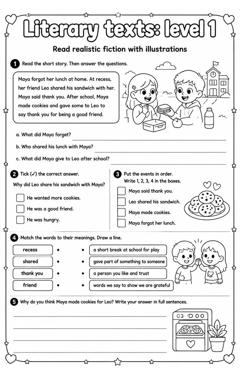 Read realistic fiction with illustrations — free printable Grade 5 English & Reading worksheet