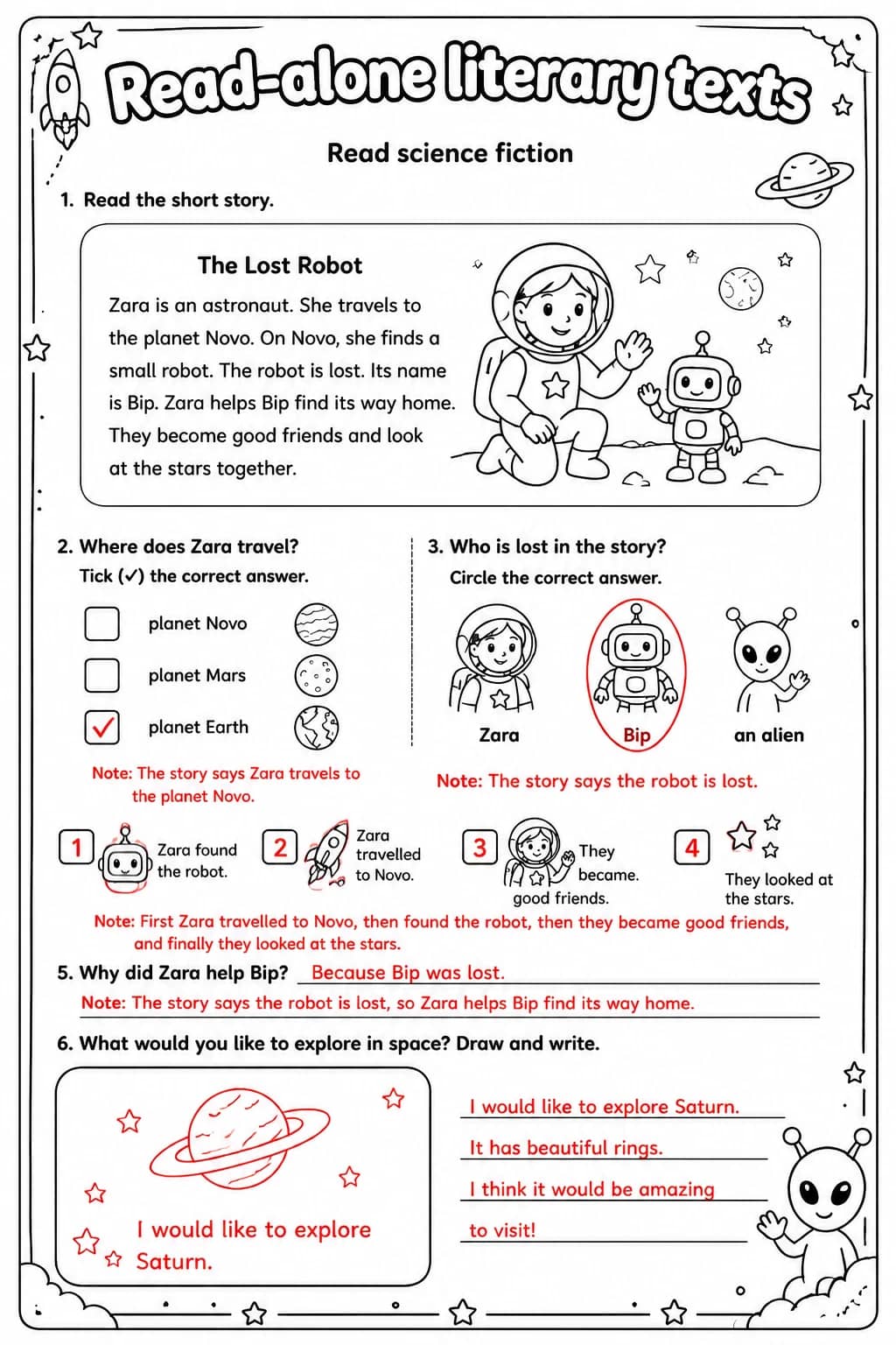 Answer key for Read science fiction — free printable English & Reading worksheet