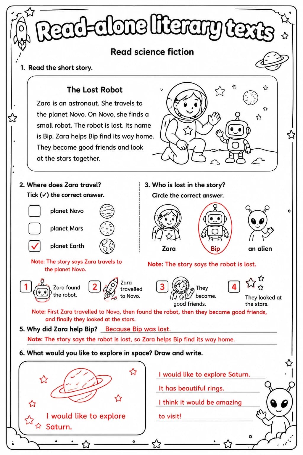 Answer key for Read science fiction — free printable English & Reading worksheet