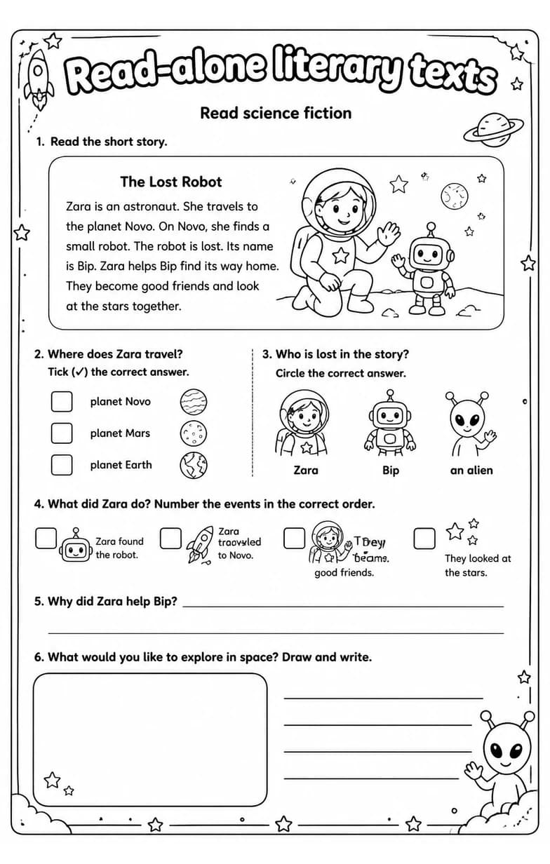 Read science fiction — free printable Grade 2 English & Reading worksheet