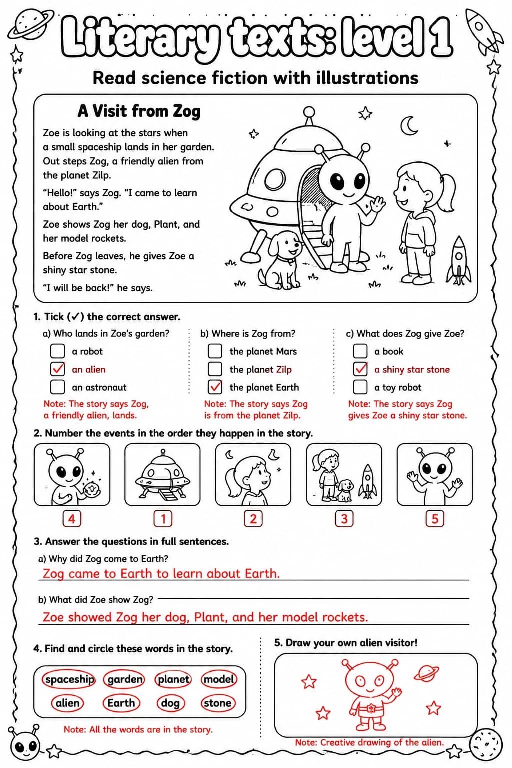 Answer key for Read science fiction with illustrations — free printable English & Reading worksheet
