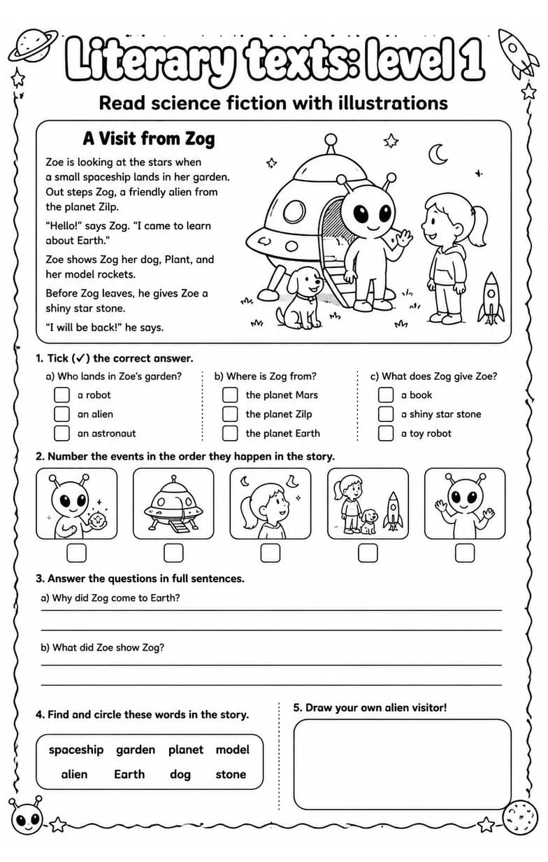 Read science fiction with illustrations — free printable Grade 3 English & Reading worksheet