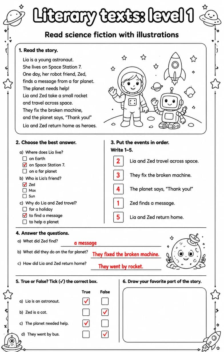 Answer key for Read science fiction with illustrations — free printable English & Reading worksheet