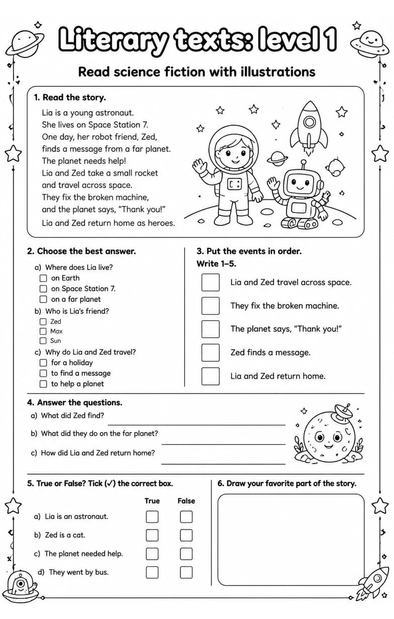 Read science fiction with illustrations — free printable Grade 4 English & Reading worksheet