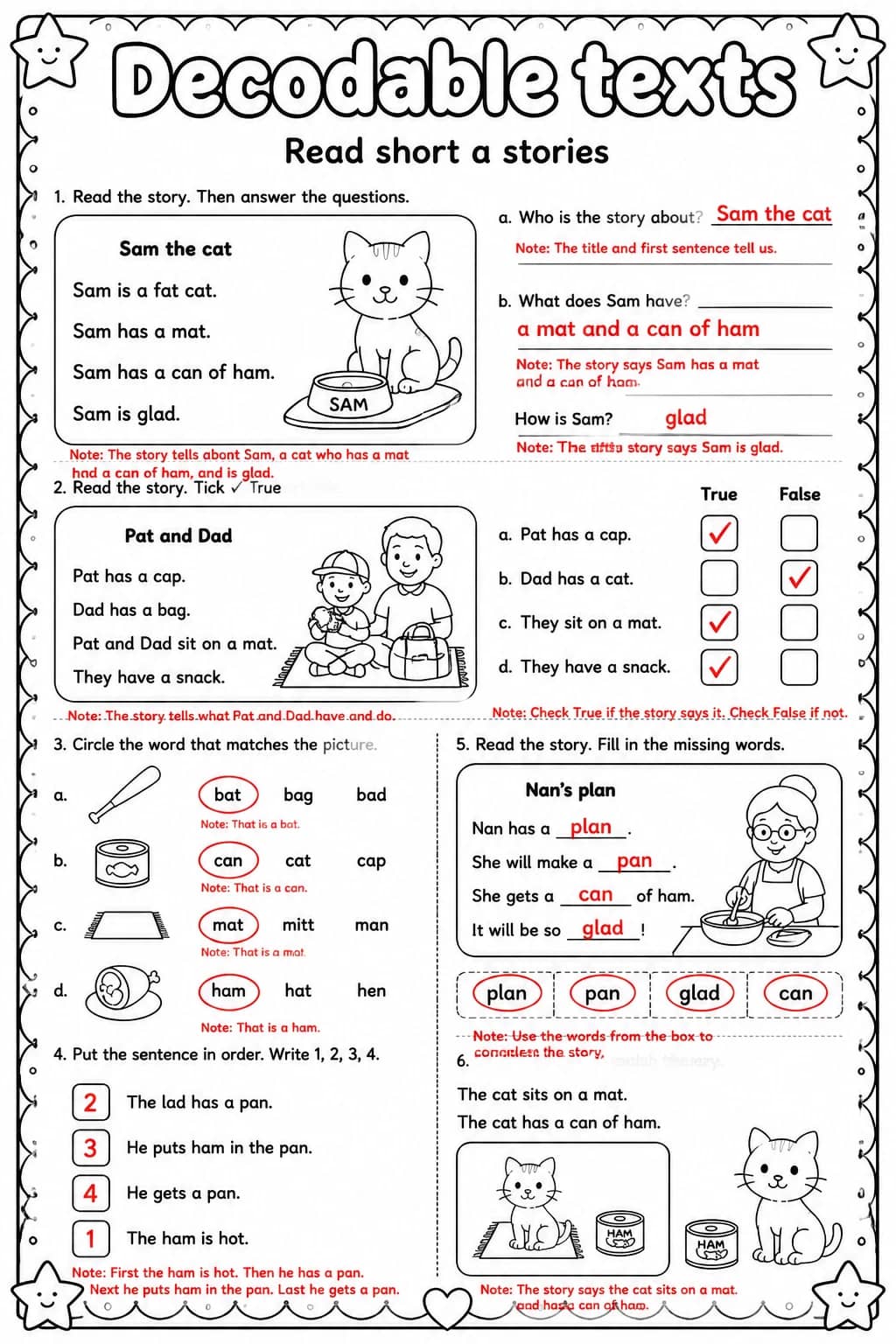 Answer key for Read short a stories — free printable English & Reading worksheet