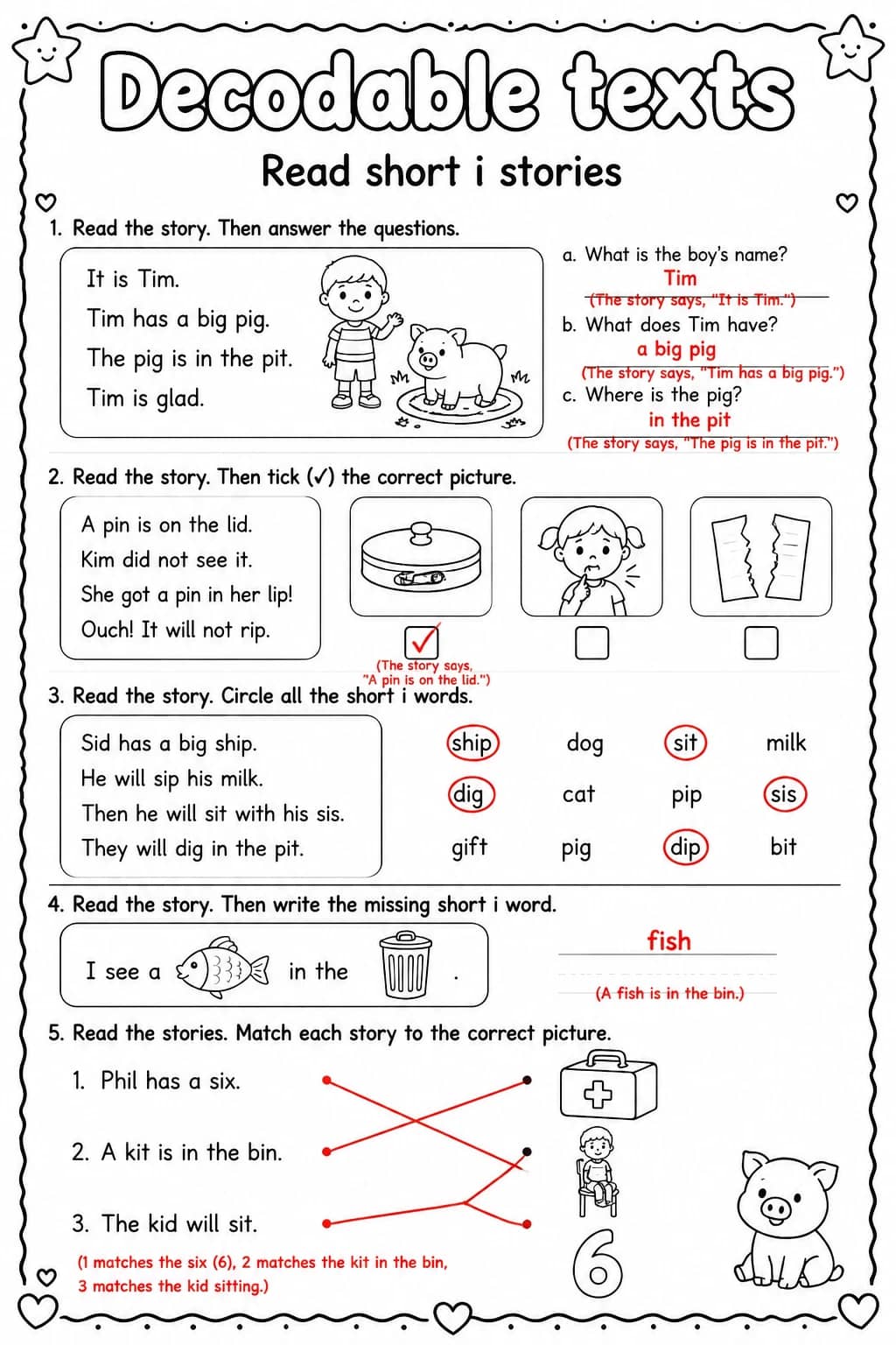 Answer key for Read short i stories — free printable English & Reading worksheet