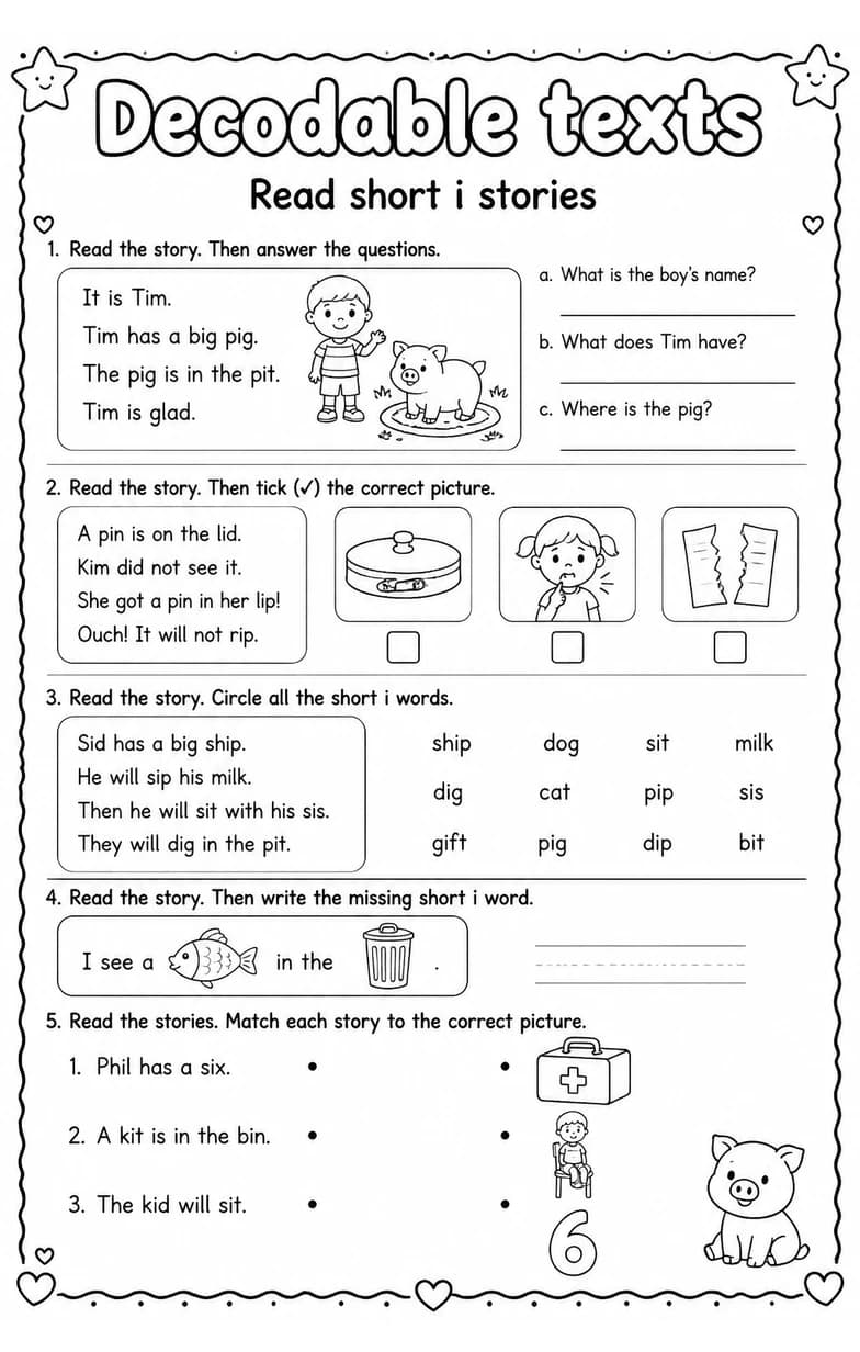 Read short i stories — free printable Grade 1 English & Reading worksheet