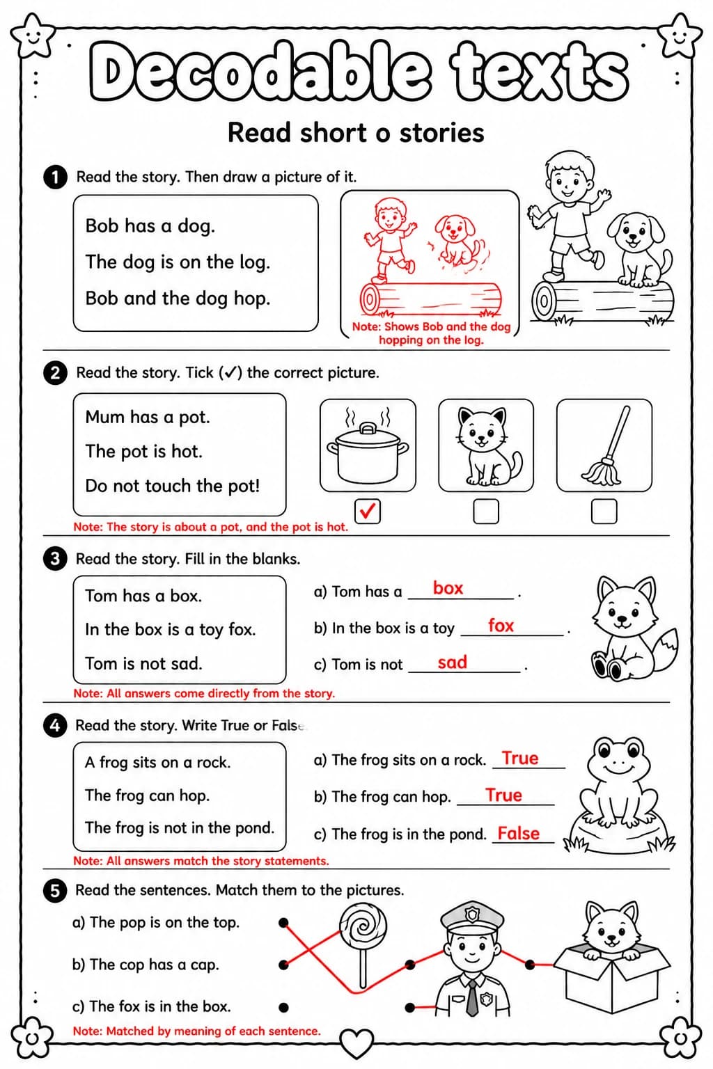 Answer key for Read short o stories — free printable English & Reading worksheet