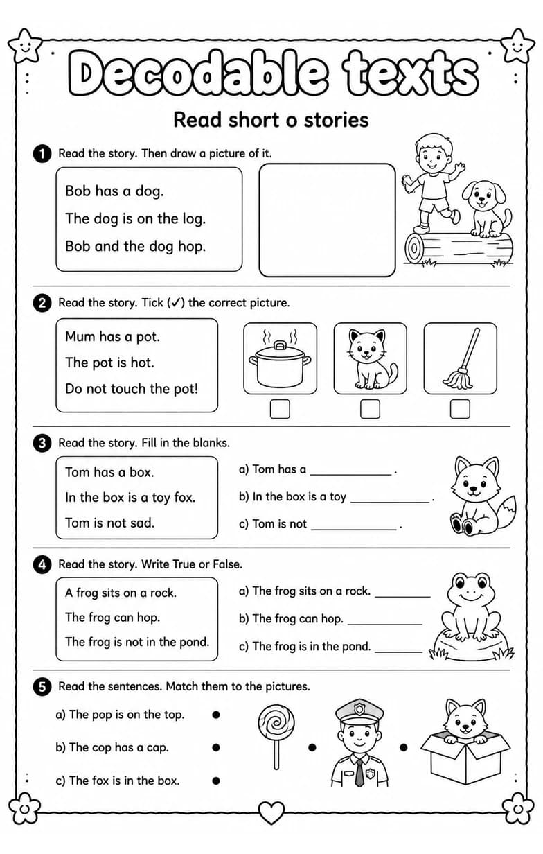 Read short o stories — free printable Grade 1 English & Reading worksheet