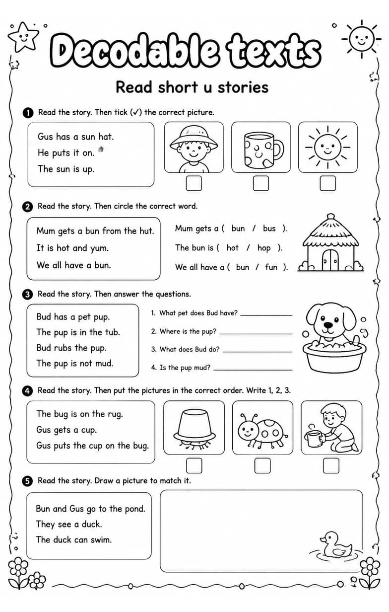 Read short u stories — free printable Reading foundations English worksheet