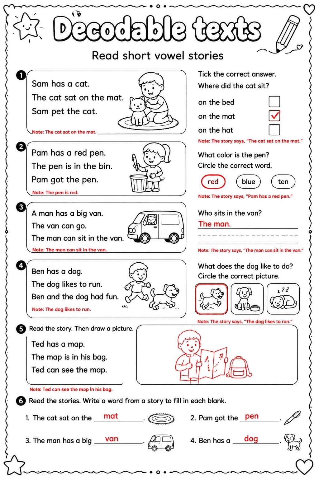 Answer key for Read short vowel stories — free printable English & Reading worksheet