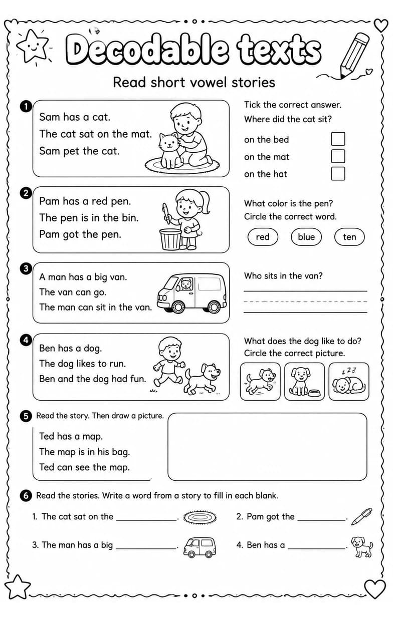 Read short vowel stories — free printable Grade 1 English & Reading worksheet