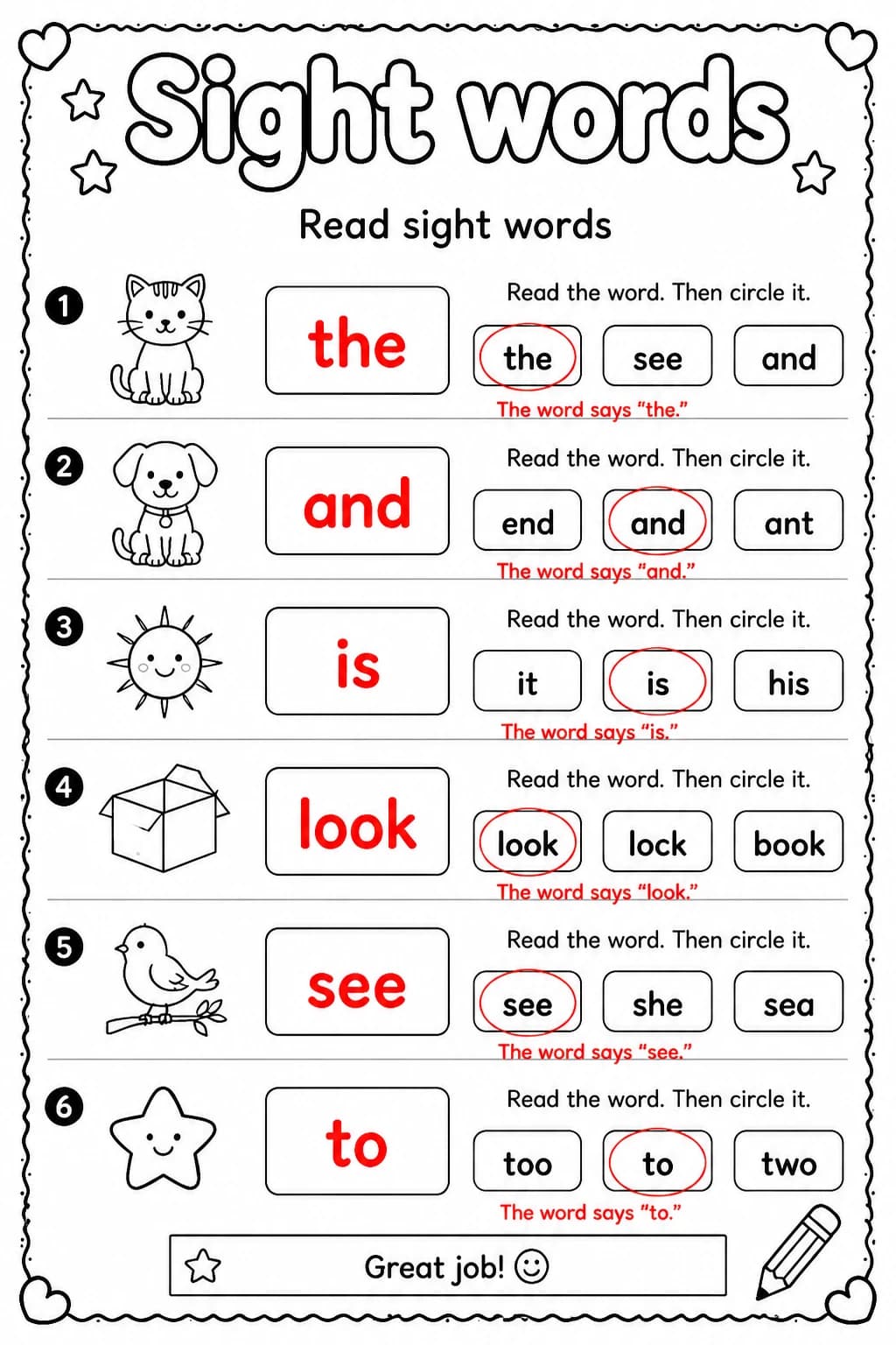 Answer key for Read sight words — free printable English & Reading worksheet