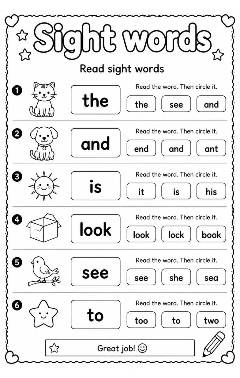 Read sight words — free printable Reading foundations English worksheet