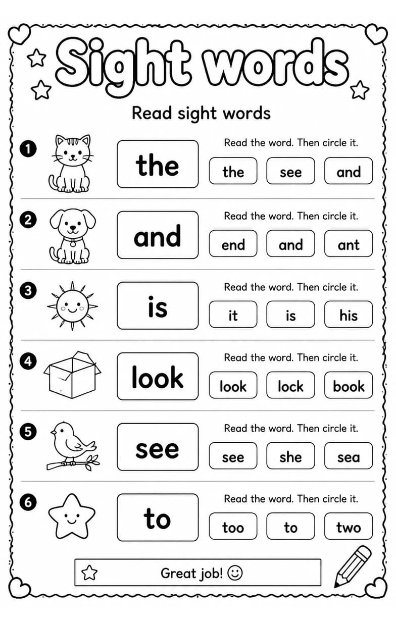 Read sight words — free printable Grade 2 English & Reading worksheet