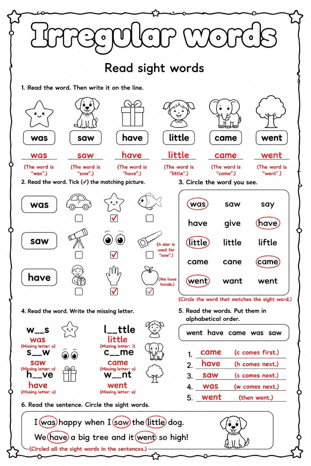 Answer key for Read sight words — free printable English & Reading worksheet