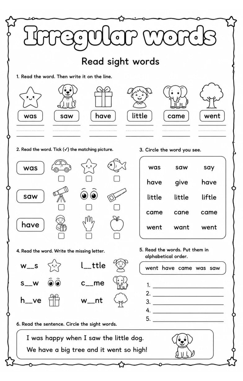 Read sight words — free printable Reading foundations English worksheet
