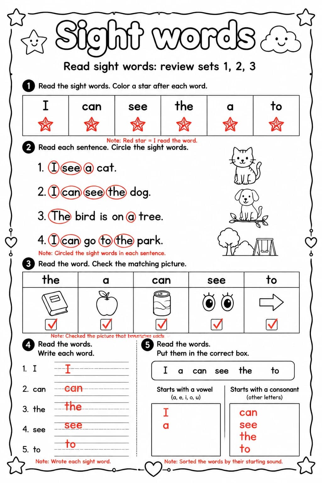 Answer key for Read sight words: review sets 1, 2, 3 — free printable English & Reading worksheet