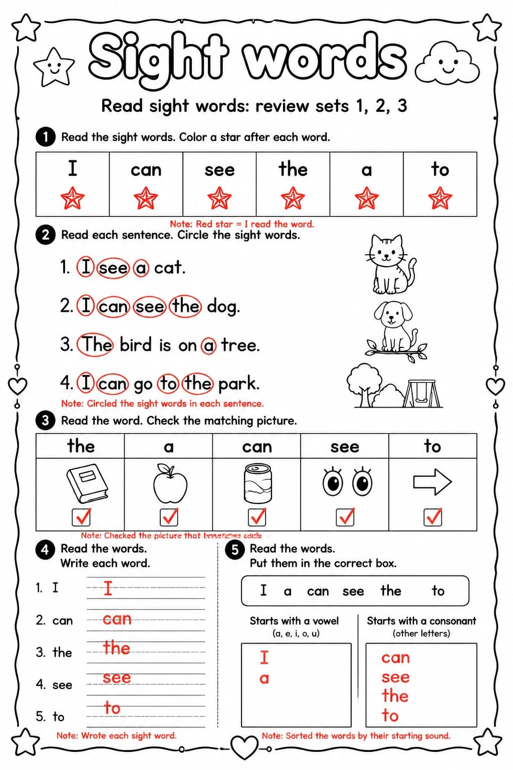 Answer key for Read sight words: review sets 1, 2, 3 — free printable English & Reading worksheet