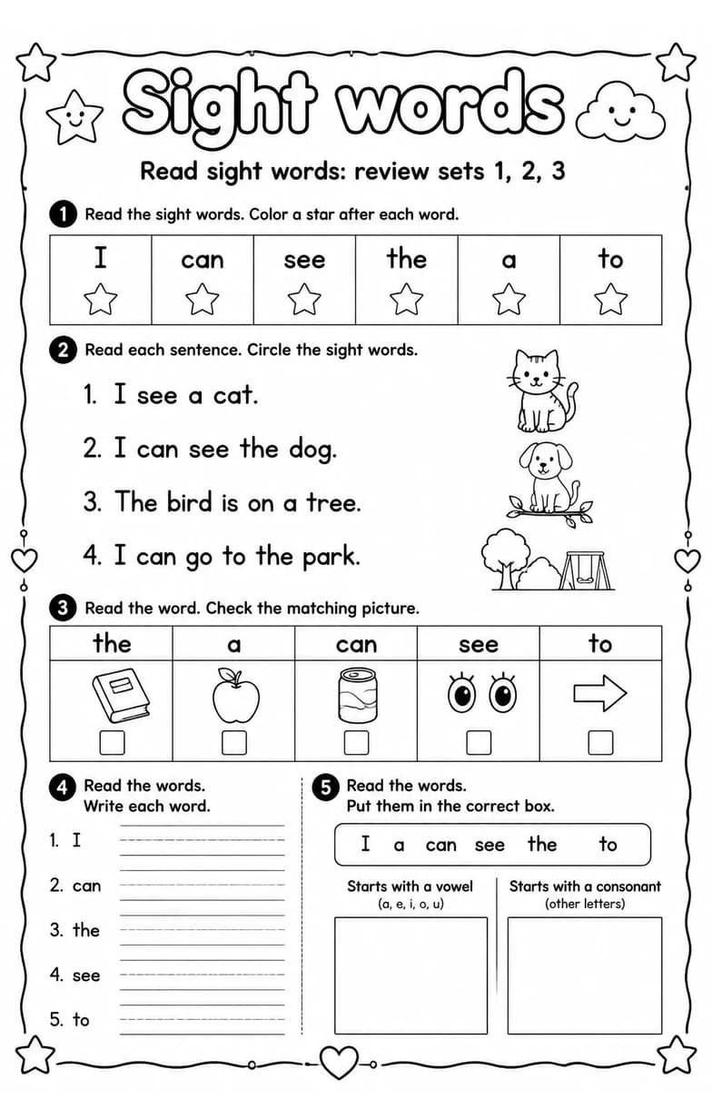 Read sight words: review sets 1, 2, 3 — free printable Reading foundations English worksheet