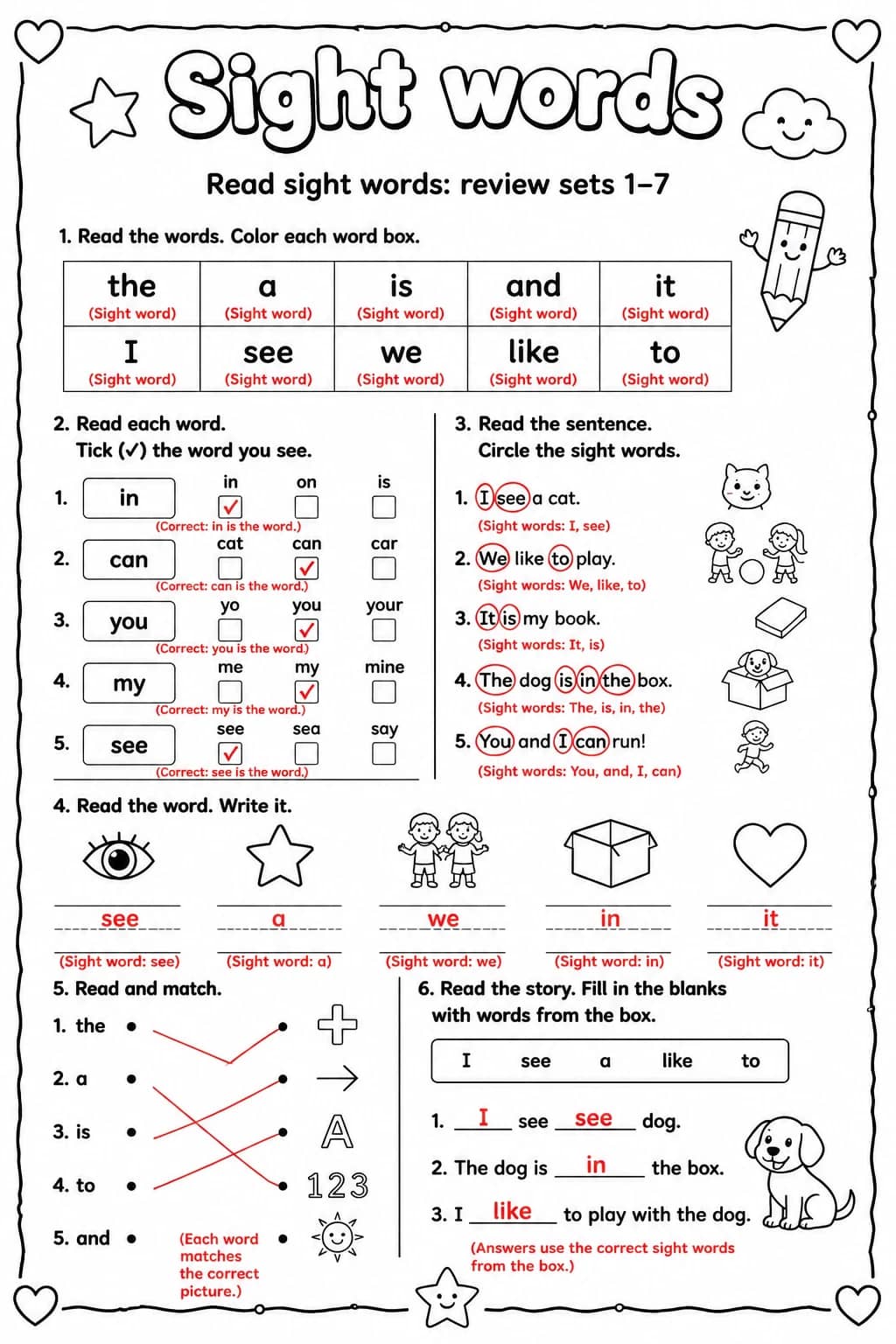Answer key for Read sight words: review sets 1–7 — free printable English & Reading worksheet