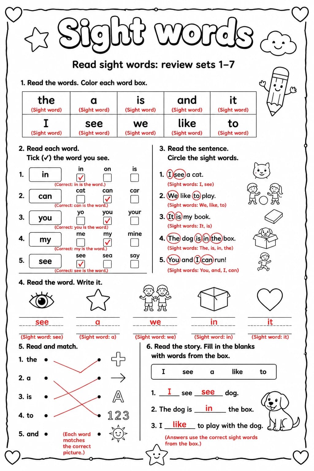 Answer key for Read sight words: review sets 1–7 — free printable English & Reading worksheet