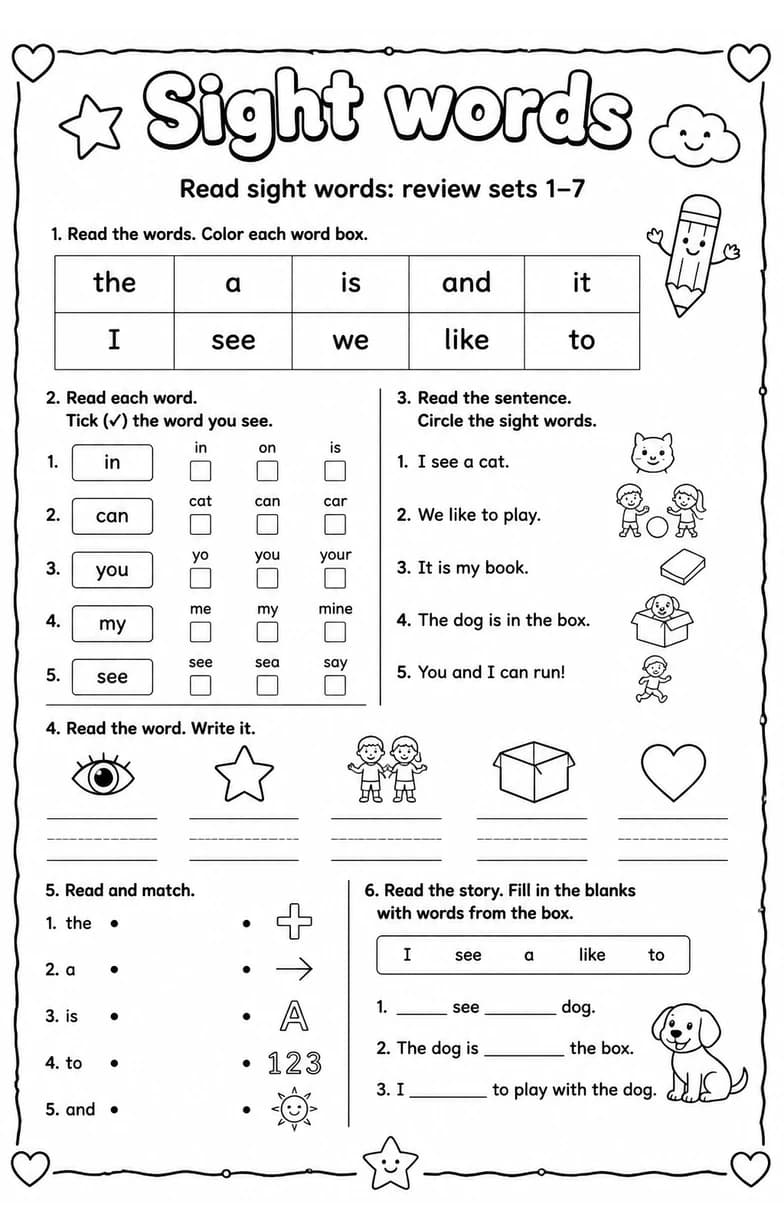 Read sight words: review sets 1–7 — free printable Grade 1 English & Reading worksheet