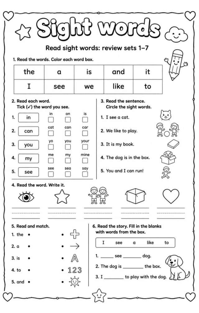 Read sight words: review sets 1–7