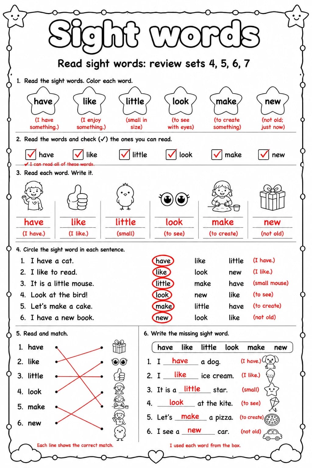 Answer key for Read sight words: review sets 4, 5, 6, 7 — free printable English & Reading worksheet
