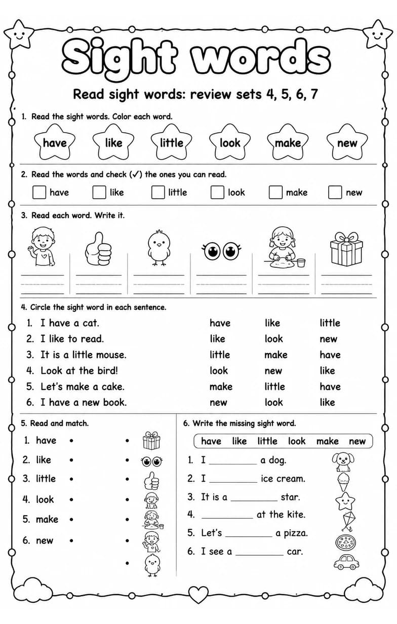 Read sight words: review sets 4, 5, 6, 7 — free printable Reading foundations English worksheet
