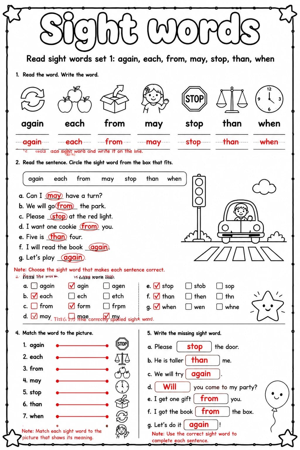 Answer key for Read sight words set 1: again, each, from, may, stop, than, when — free printable English & Reading worksheet