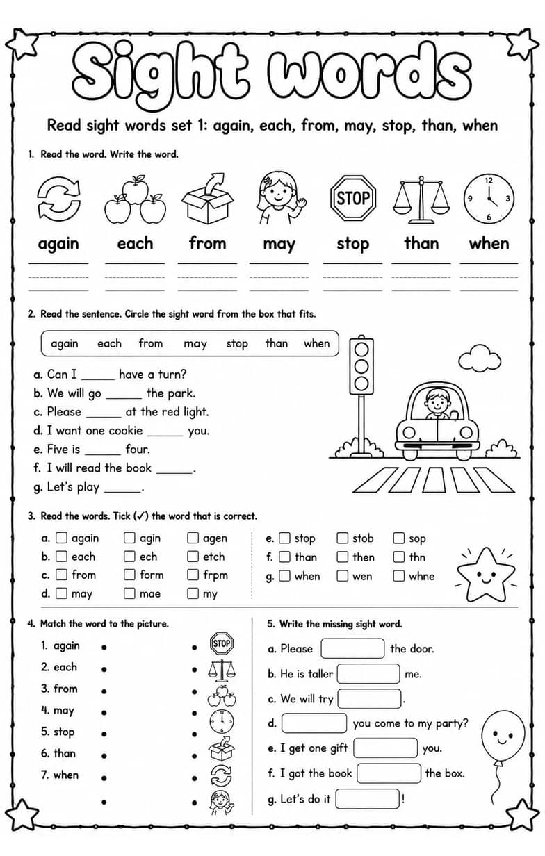 Read sight words set 1: again, each, from, may, stop, than, when — free printable Reading foundations English worksheet