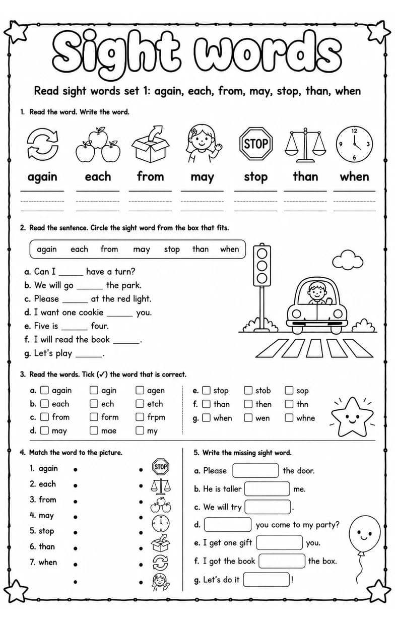 Read sight words set 1: again, each, from, may, stop, than, when — free printable Reading foundations English worksheet