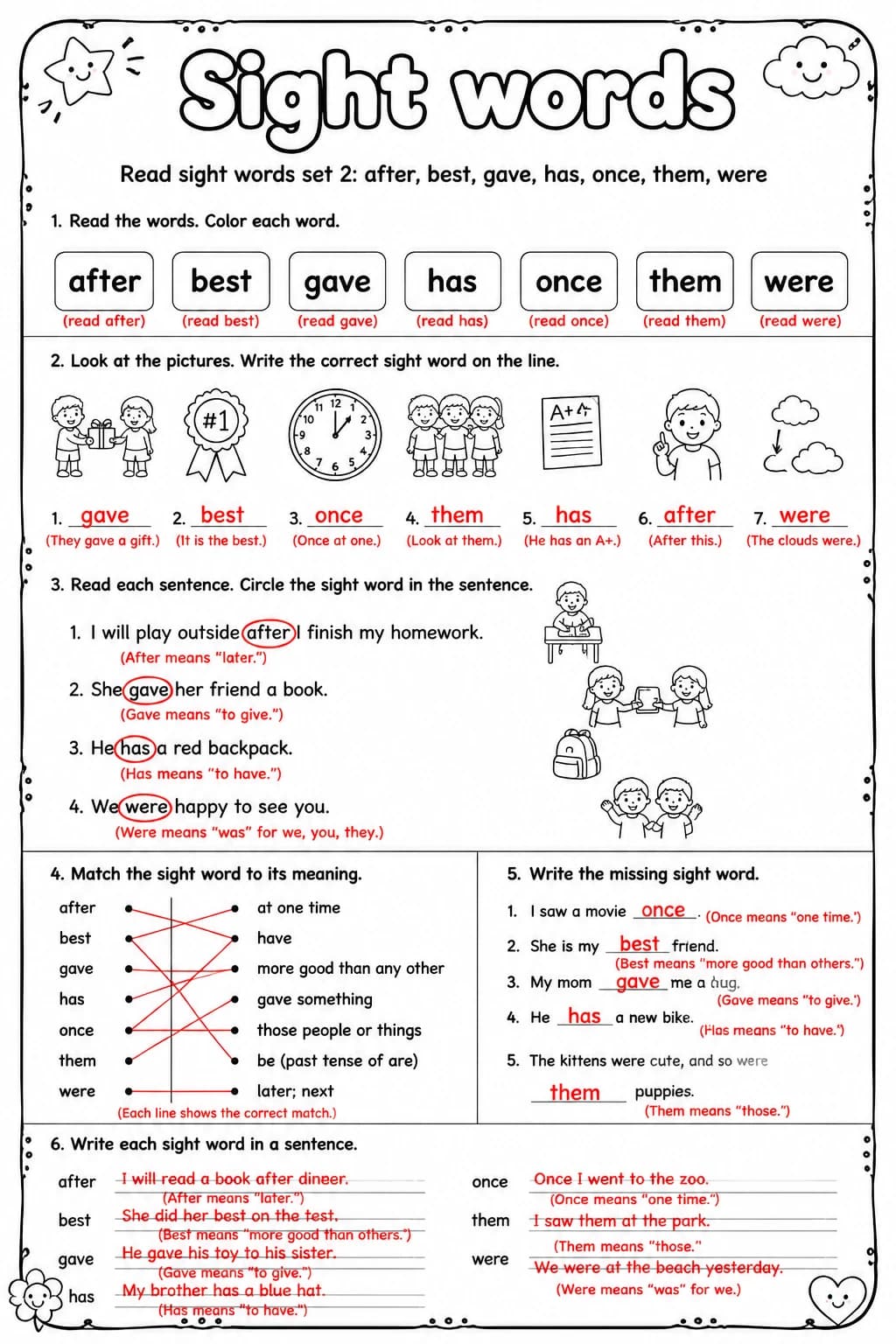 Answer key for Read sight words set 2: after, best, gave, has, once, them, were — free printable English & Reading worksheet