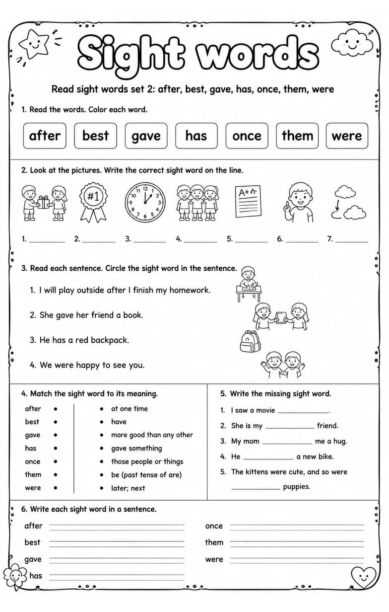 Read sight words set 2: after, best, gave, has, once, them, were — free printable Grade 1 English & Reading worksheet