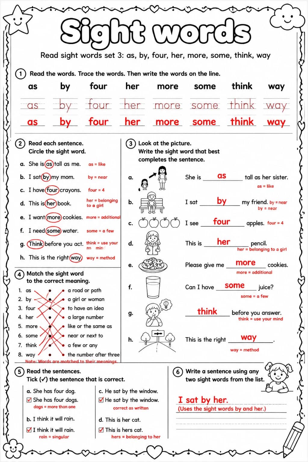 Answer key for Read sight words set 3: as, by, four, her, more, some, think, way — free printable English & Reading worksheet