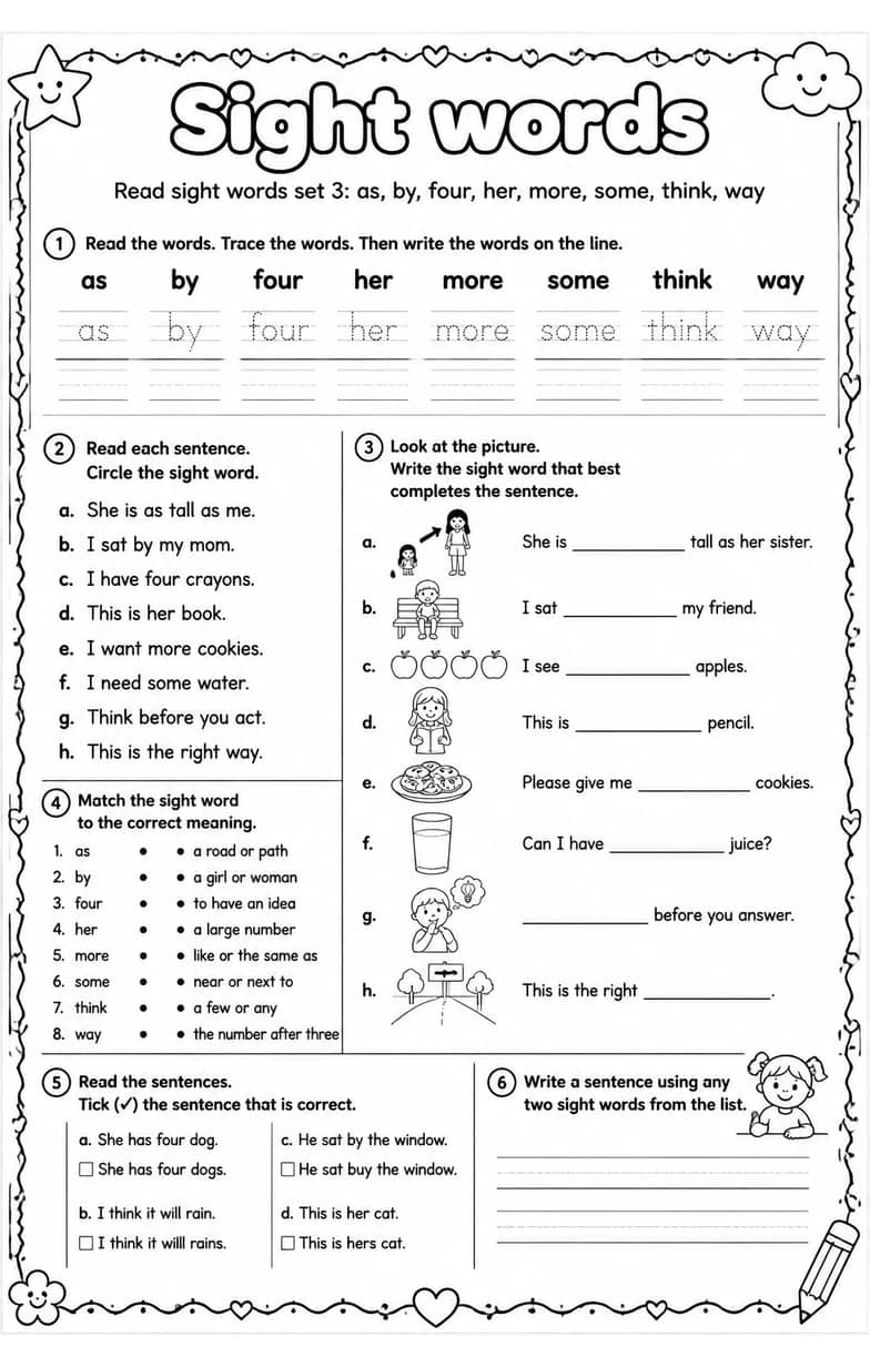 Read sight words set 3: as, by, four, her, more, some, think, way — free printable Reading foundations English worksheet