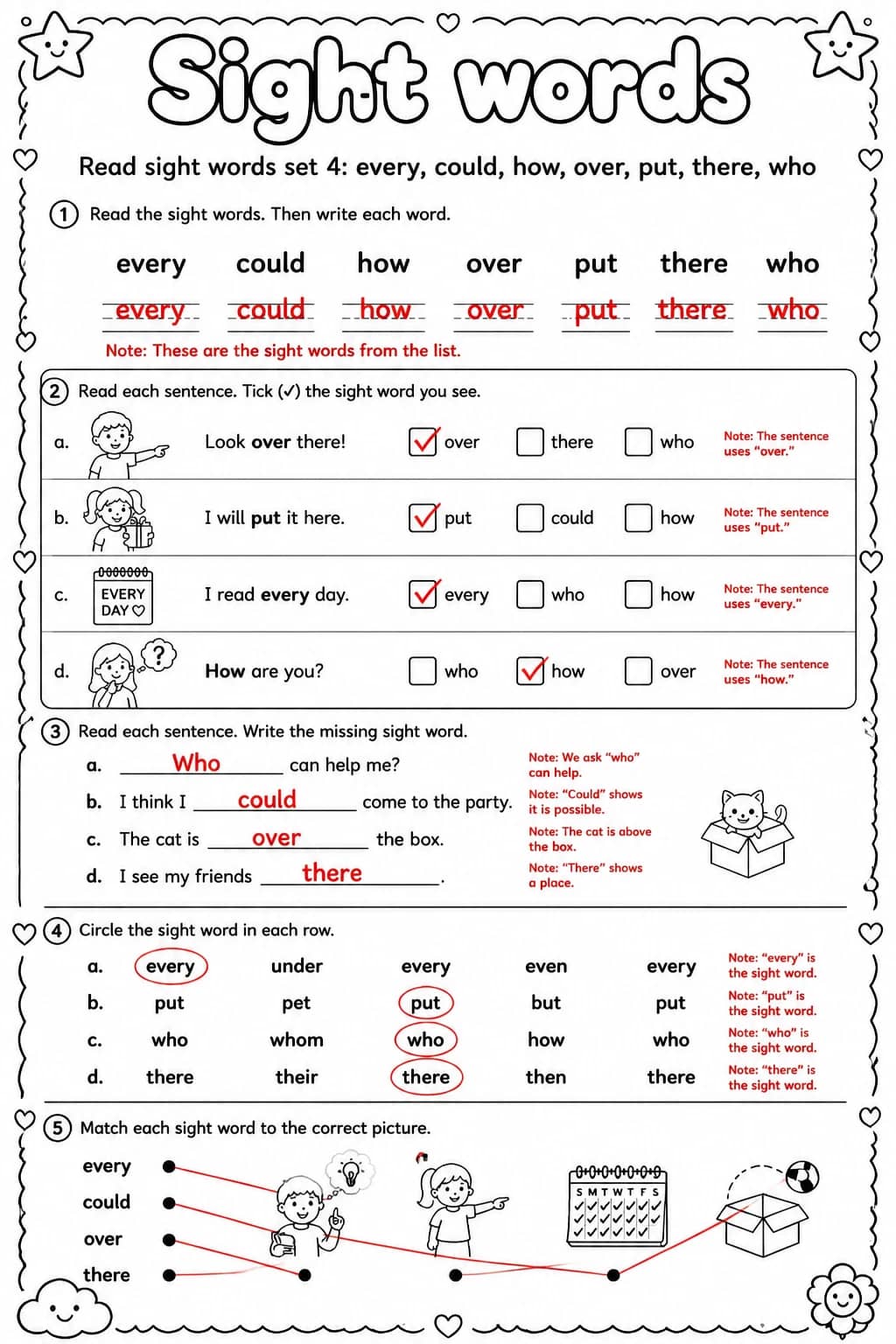 Answer key for Read sight words set 4: every, could, how, over, put, there, who — free printable English & Reading worksheet