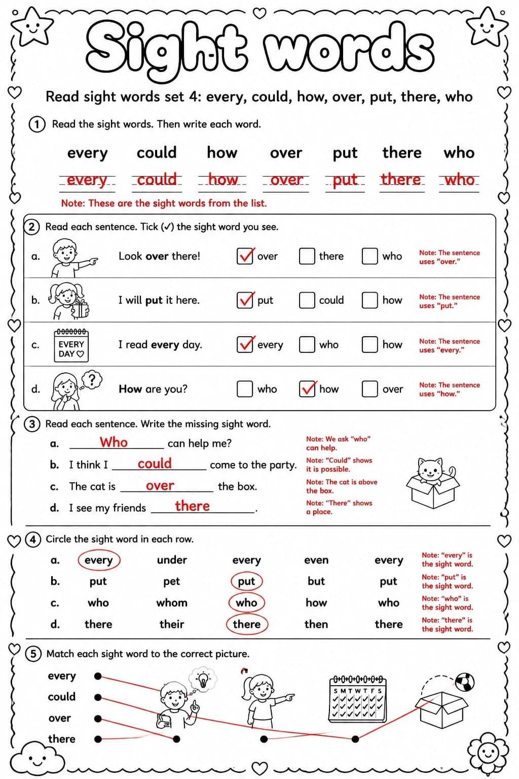 Answer key for Read sight words set 4: every, could, how, over, put, there, who — free printable English & Reading worksheet